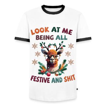 Look at me being all festive and shit - Lama - Männer Kontrast-T-Shirt - Weiß/Schwarz - Vorne - AI Model Female 172 light (172cm) & AI Model Male 178 dark (178cm)