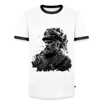 Der Kapitän und sein Segelschiff, Seemann und Meer - Männer Kontrast-T-Shirt - Weiß/Schwarz - Vorne - AI Model Female 172 light (172cm) & AI Model Male 178 dark (178cm)
