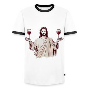Sip of Spirit Jesus with Wine Glasses - Men's Ringer Shirt - white/black - Front - AI Model Female 172 light (172cm) & AI Model Male 178 dark (178cm)