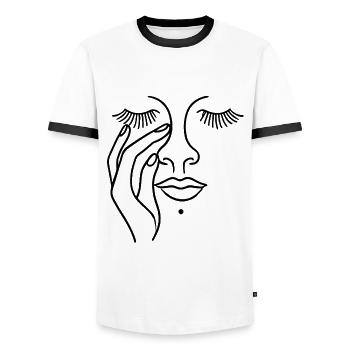 Minimalist Face Line Art with Hand - Men's Ringer Shirt - white/black - Front - AI Model Female 172 light (172cm) & AI Model Male 178 dark (178cm)