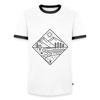 Minimalist Nature Mountain Line Art Badge - Men's Ringer Shirt - white/black - Front - AI Model Female 172 light (172cm) & AI Model Male 178 dark (178cm)