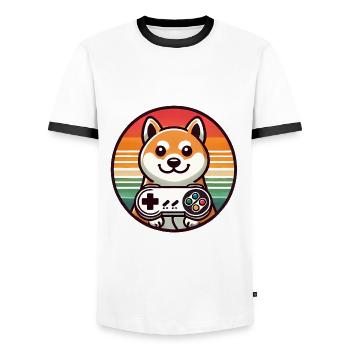 Retro Shiba Gamer mit Sunset Abzeichen - Männer Kontrast-T-Shirt - Weiß/Schwarz - Vorne - AI Model Female 172 light (172cm) & AI Model Male 178 dark (178cm)
