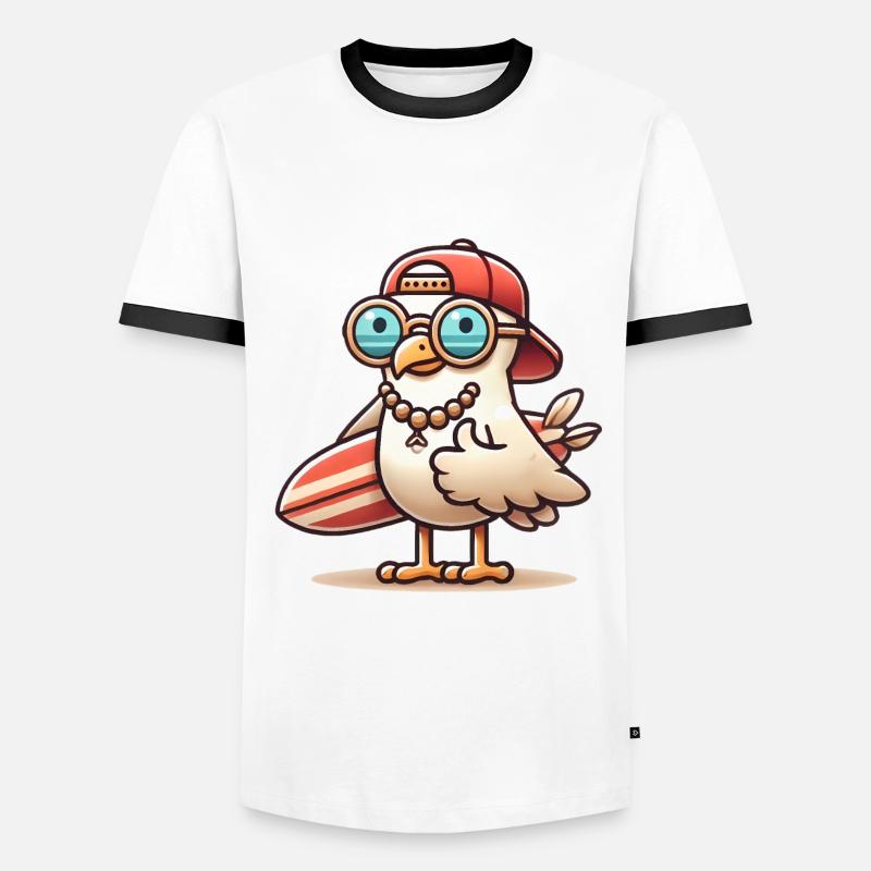 Cool Beach Seagull with Surfboard - Men's Ringer Shirt - white/black