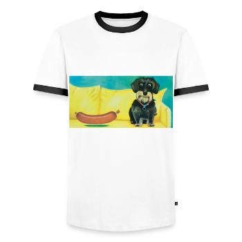 Dog with Sausage - Modern Painting - Men's Ringer Shirt - white/black - Front - AI Model Female 172 light (172cm) & AI Model Male 178 dark (178cm)