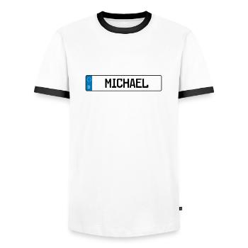Michadel name tag gift - Men's Ringer Shirt - white/black - Front - AI Model Female 172 light (172cm) & AI Model Male 178 dark (178cm)