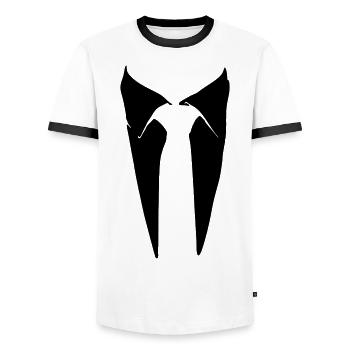 krawatte_1c - Männer Kontrast-T-Shirt - Weiß/Schwarz - Vorne - AI Model Female 172 light (172cm) & AI Model Male 178 dark (178cm)
