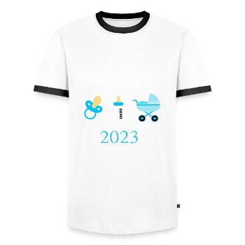 Baby 2023 Geburt Junge Vorlage personalisierbar - Männer Kontrast-T-Shirt - Weiß/Schwarz - Vorne - AI Model Female 172 light (172cm) & AI Model Male 178 dark (178cm)