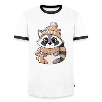 Niedlicher Waschbär mit Schal und Pudelmütze. - Männer Kontrast-T-Shirt - Weiß/Schwarz - Vorne - AI Model Female 172 light (172cm) & AI Model Male 178 dark (178cm)