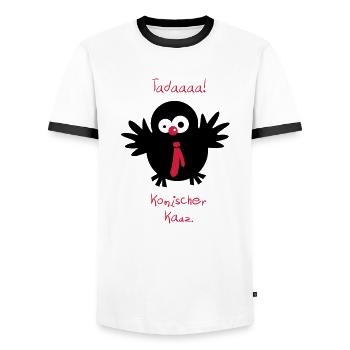 Eine Eule // Komischer Kauz. - Männer Kontrast-T-Shirt - Weiß/Schwarz - Vorne - AI Model Female 172 light (172cm) & AI Model Male 178 dark (178cm)
