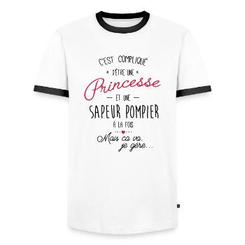 Princesse et sapeur pompier - T-shirt contrasté Homme - blanc/noir - Devant - AI Model Female 172 light (172cm) & AI Model Male 178 dark (178cm)