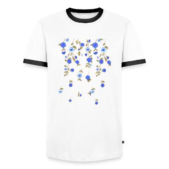 Flowers, blue, tendrils, illustration, floral - Men's Ringer Shirt - white/black - Front - AI Model Female 172 light (172cm) & AI Model Male 178 dark (178cm)