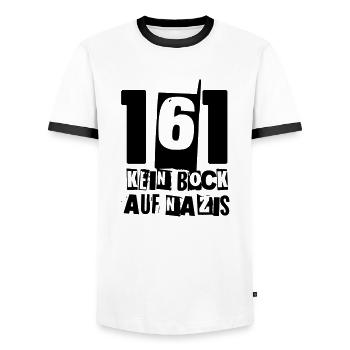 161 NO DESIRE FOR NAZ - Men's Ringer Shirt - white/black - Front - AI Model Female 172 light (172cm) & AI Model Male 178 dark (178cm)