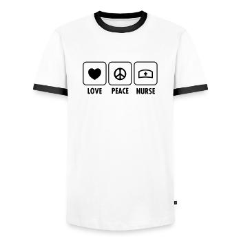 Love, Peace, Nurse - Men's Ringer Shirt - white/black - Front - AI Model Female 172 light (172cm) & AI Model Male 178 dark (178cm)