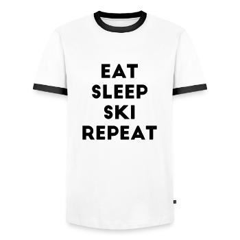 Eat sleep ski repeat Skiing Skier Saying - Men's Ringer Shirt - white/black - Front - AI Model Female 172 light (172cm) & AI Model Male 178 dark (178cm)