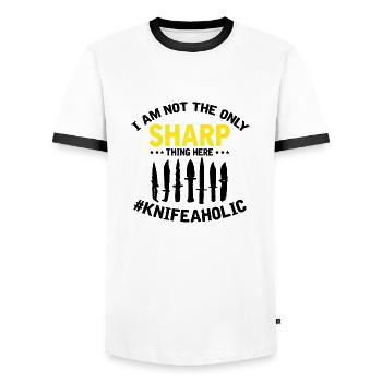 Knife Collector Designs Messerfan Knife Maker - Men's Ringer Shirt - white/black - Front - AI Model Female 172 light (172cm) & AI Model Male 178 dark (178cm)