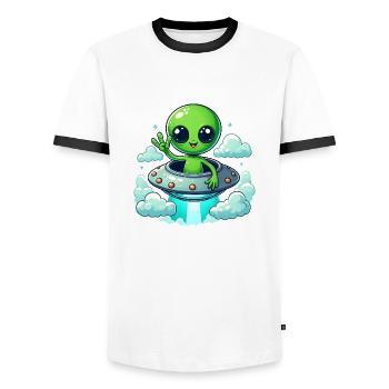 Alien Shows Peace - Men's Ringer Shirt - white/black - Front - AI Model Female 172 light (172cm) & AI Model Male 178 dark (178cm)