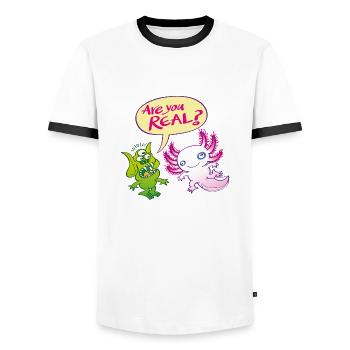 Alien surprised wonders if the axolotl is real - Men's Ringer Shirt - white/black - Front - AI Model Female 172 light (172cm) & AI Model Male 178 dark (178cm)