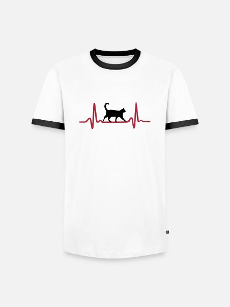 Herzschlag und Katze - Männer Kontrast-T-Shirt - Weiß/Schwarz