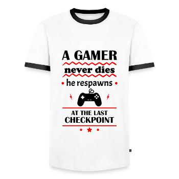 A gamer never dies, he restarts at the checkpoint - Men's Ringer Shirt - white/black - Front - AI Model Female 172 light (172cm) & AI Model Male 178 dark (178cm)