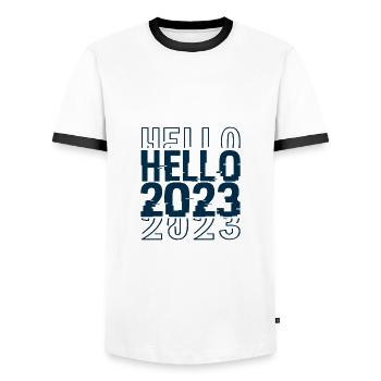 hello 2023 - T-shirt contrasté Homme - blanc/noir - Devant - AI Model Female 172 light (172cm) & AI Model Male 178 dark (178cm)