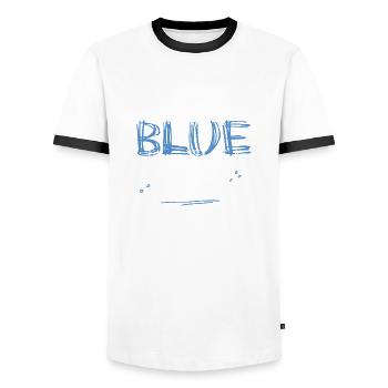 BLUE est une ATTITUDE (bleu) - T-shirt contrasté Homme - blanc/noir - Devant - AI Model Female 172 light (172cm) & AI Model Male 178 dark (178cm)