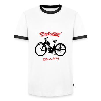 NSU Quickly Moped Cult - Men's Ringer Shirt - white/black - Front - AI Model Female 172 light (172cm) & AI Model Male 178 dark (178cm)