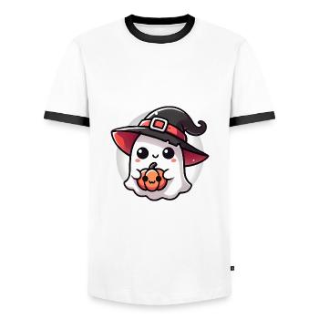 Fantôme d’Halloween mignon avec chapeau de sorcière - T-shirt contrasté Homme - blanc/noir - Devant - AI Model Female 172 light (172cm) & AI Model Male 178 dark (178cm)