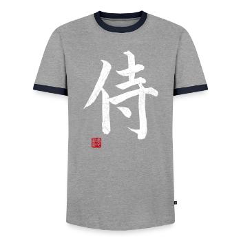 Samurai Kangi schrieb japanische Kampfkünste - Männer Kontrast-T-Shirt - Grau/Navy  - Vorne - AI Model Female 172 light (172cm) & AI Model Male 178 light (178cm)