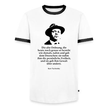 Tucholsky: Die alte Ordnung, die heute noch genau - Männer Kontrast-T-Shirt - Weiß/Schwarz - Vorne - AI Model Female 172 light (172cm) & AI Model Male 178 dark (178cm)