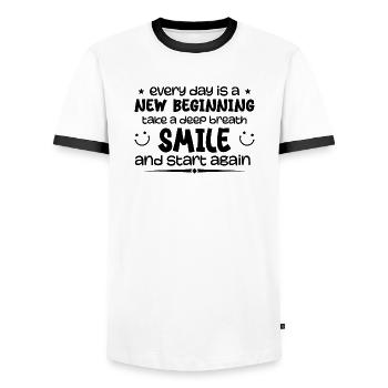 Everyday is a new beginning - Inspirational - Men's Ringer Shirt - white/black - Front - AI Model Female 172 light (172cm) & AI Model Male 178 dark (178cm)