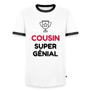 Cousin - Cousine - Famille - Bébé - Naissance - T-shirt contrasté Homme - blanc/noir - Devant - AI Model Female 172 light (172cm) & AI Model Male 178 dark (178cm)