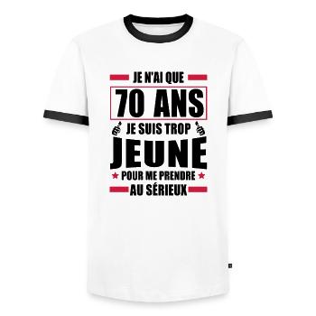 je n ai que 70 ans / cadeau anniversaire 70 ans - T-shirt contrasté Homme - blanc/noir - Devant - AI Model Female 172 light (172cm) & AI Model Male 178 dark (178cm)