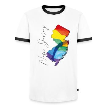 New Jersey (United States) | Real Flag | LGBTQIA+ Script - Men's Ringer Shirt - white/black - Front - AI Model Female 172 light (172cm) & AI Model Male 178 dark (178cm)