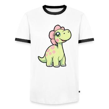 Fröhlicher gelber Dinosaurier mit rosa Tupfen - Männer Kontrast-T-Shirt - Weiß/Schwarz - Vorne - AI Model Female 172 light (172cm) & AI Model Male 178 dark (178cm)