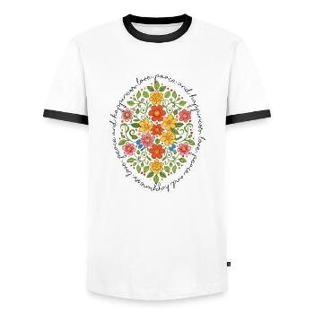 Amour, paix et bonheur (design floral) - T-shirt contrasté Homme - blanc/noir - Devant - AI Model Female 172 light (172cm) & AI Model Male 178 dark (178cm)