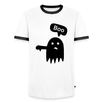 Spooky „Boo!“ - Männer Kontrast-T-Shirt - Weiß/Schwarz - Vorne - AI Model Female 172 light (172cm) & AI Model Male 178 dark (178cm)