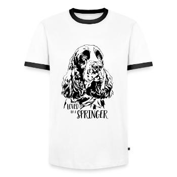 Loved by a Springer Spaniel Dog Dogs Wilsigns - Men's Ringer Shirt - white/black - Front - AI Model Female 172 light (172cm) & AI Model Male 178 dark (178cm)