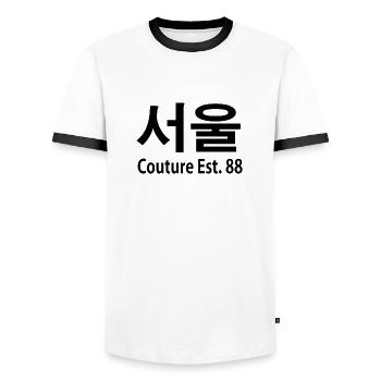 Seoul Couture Est. 88 - Men's Ringer Shirt - white/black - Front - AI Model Female 172 light (172cm) & AI Model Male 178 dark (178cm)