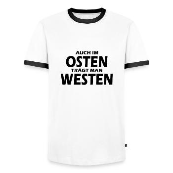 Auch im Osten trägt man Westen - Männer Kontrast-T-Shirt - Weiß/Schwarz - Vorne - AI Model Female 172 light (172cm) & AI Model Male 178 dark (178cm)