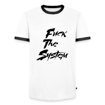 Fuck the system - Men's Ringer Shirt - white/black - Front - AI Model Female 172 light (172cm) & AI Model Male 178 dark (178cm)