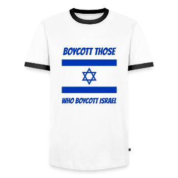 Boycott those who boycott Israël - T-shirt contrasté Homme - blanc/noir - Devant - AI Model Female 172 light (172cm) & AI Model Male 178 dark (178cm)