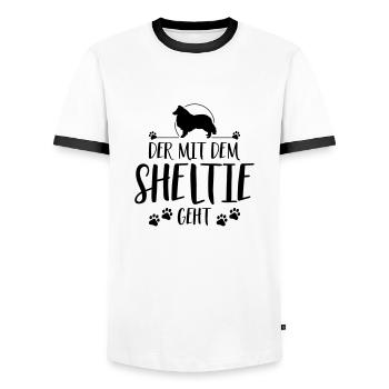 DER MIT SHELTIE GEHT Hunde Spruch Wilsigns - Männer Kontrast-T-Shirt - Weiß/Schwarz - Vorne - AI Model Female 172 light (172cm) & AI Model Male 178 dark (178cm)