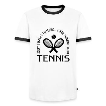 Penser au tennis Hobby Ball Sports Joueur de - T-shirt contrasté Homme - blanc/noir - Devant - AI Model Female 172 light (172cm) & AI Model Male 178 dark (178cm)