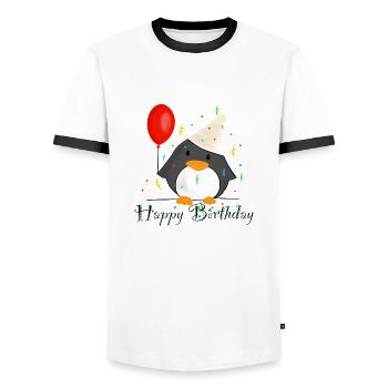 Pingouin « Joyeux anniversaire » - T-shirt contrasté Homme - blanc/noir - Devant - AI Model Female 172 light (172cm) & AI Model Male 178 dark (178cm)