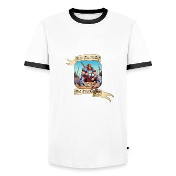 INTO THE BATTLE BUT FIRST COFFEE - Männer Kontrast-T-Shirt - Weiß/Schwarz - Vorne - AI Model Female 172 light (172cm) & AI Model Male 178 dark (178cm)