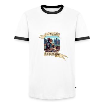 INTO THE BATTLE BUT FIRST COFFEE - Männer Kontrast-T-Shirt - Weiß/Schwarz - Vorne - AI Model Female 172 light (172cm) & AI Model Male 178 dark (178cm)