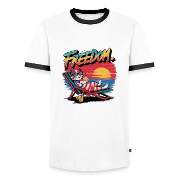Freiheitskatze entspannt Sonnenbrille und Getränk - Männer Kontrast-T-Shirt - Weiß/Schwarz - Vorne - AI Model Female 172 light (172cm) & AI Model Male 178 dark (178cm)