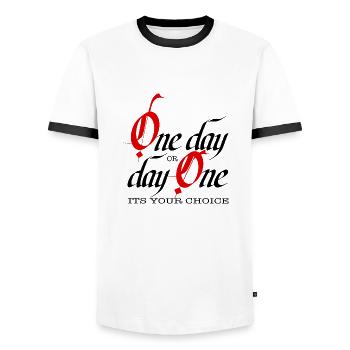 Un jour ou un jour – c’est vous qui choisissez - T-shirt contrasté Homme - blanc/noir - Devant - AI Model Female 172 light (172cm) & AI Model Male 178 dark (178cm)
