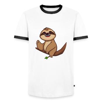 Cheerful Cartoon sloth on Branch with Green Leaves - Men's Ringer Shirt - white/black - Front - AI Model Female 172 light (172cm) & AI Model Male 178 dark (178cm)