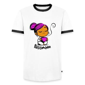 Tassmine relaxes with a cup of tea or coffee - Men's Ringer Shirt - white/black - Front - AI Model Female 172 light (172cm) & AI Model Male 178 dark (178cm)